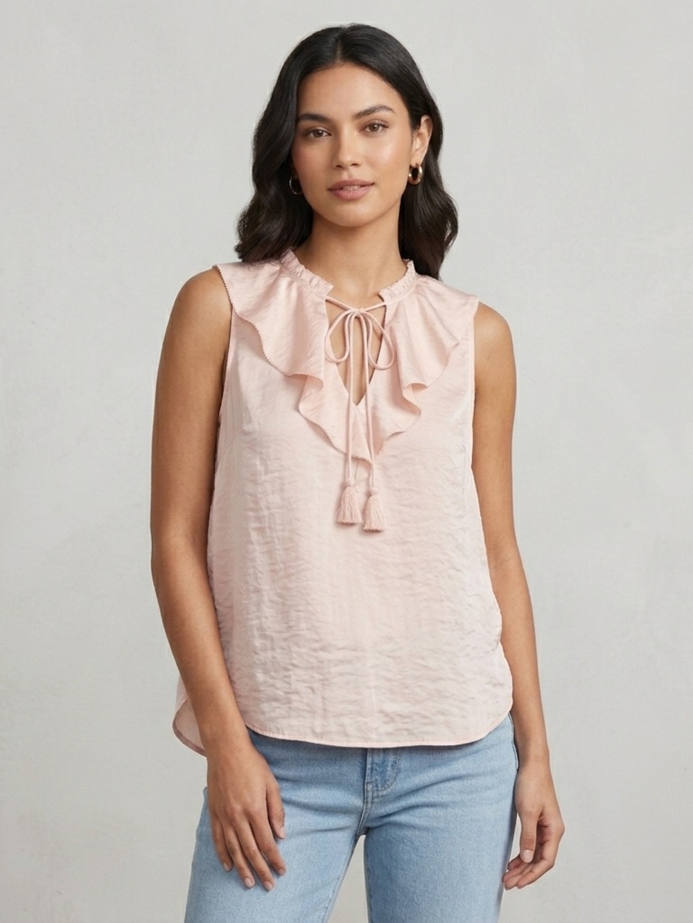 PAIGE Alma Blush Pink Satin Ruffle Tank Top Split V Neck Tassel Medium